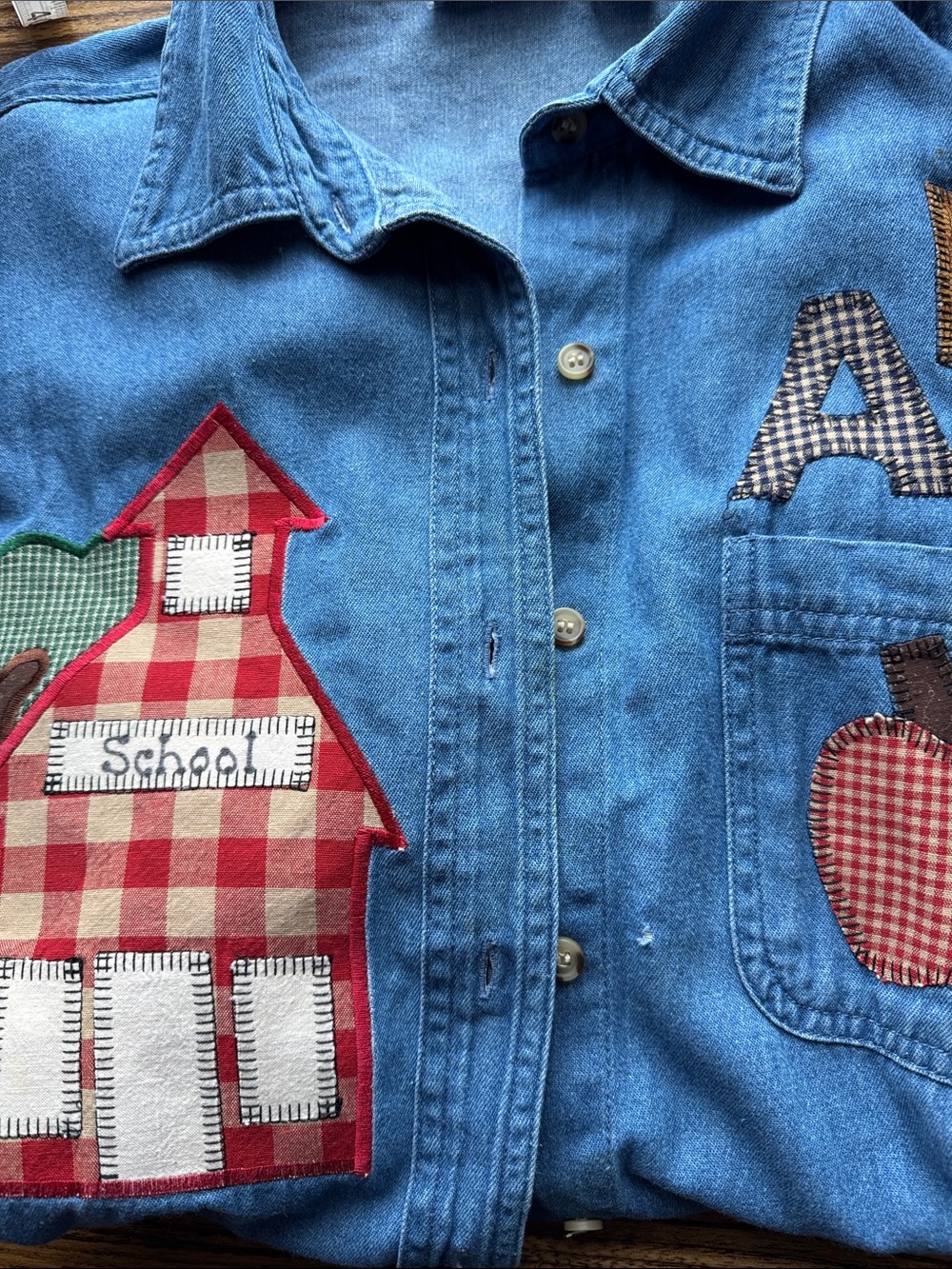 vintage 1990s "teachercore" novelty denim button-down shirt